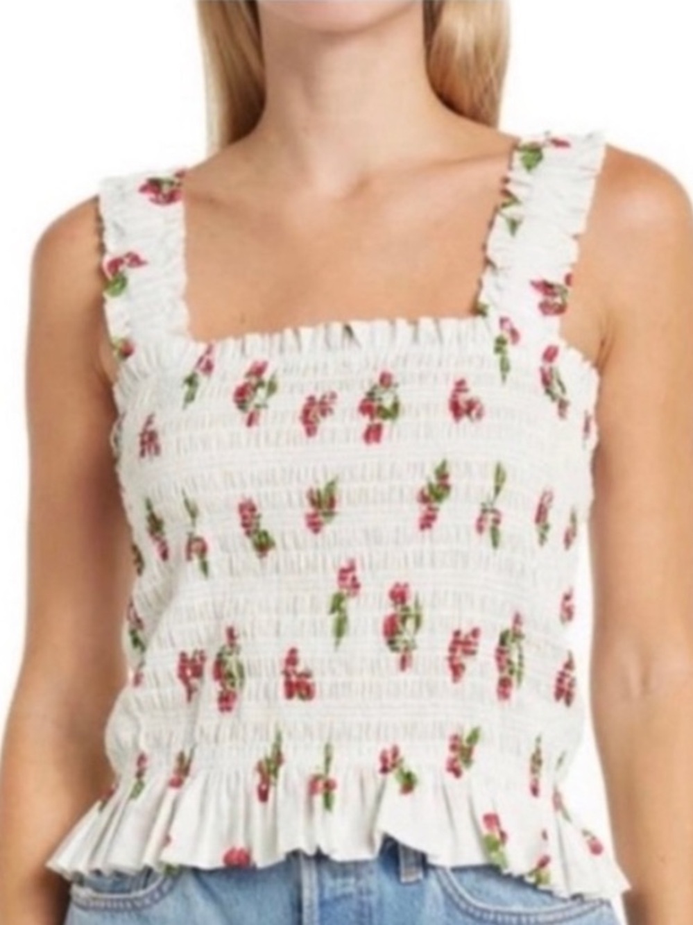 WAYF Raspberry Smocked Ruffle Tank Top Girly 100% Cotton